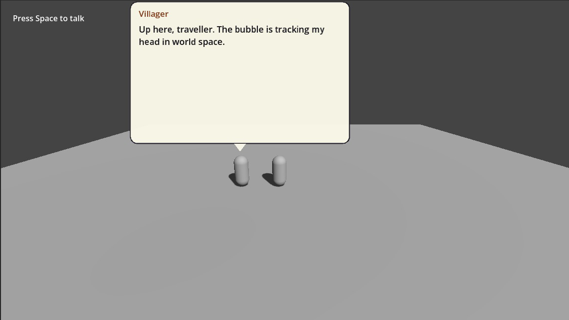 A speech bubble following a villager's head in the 3D showcase