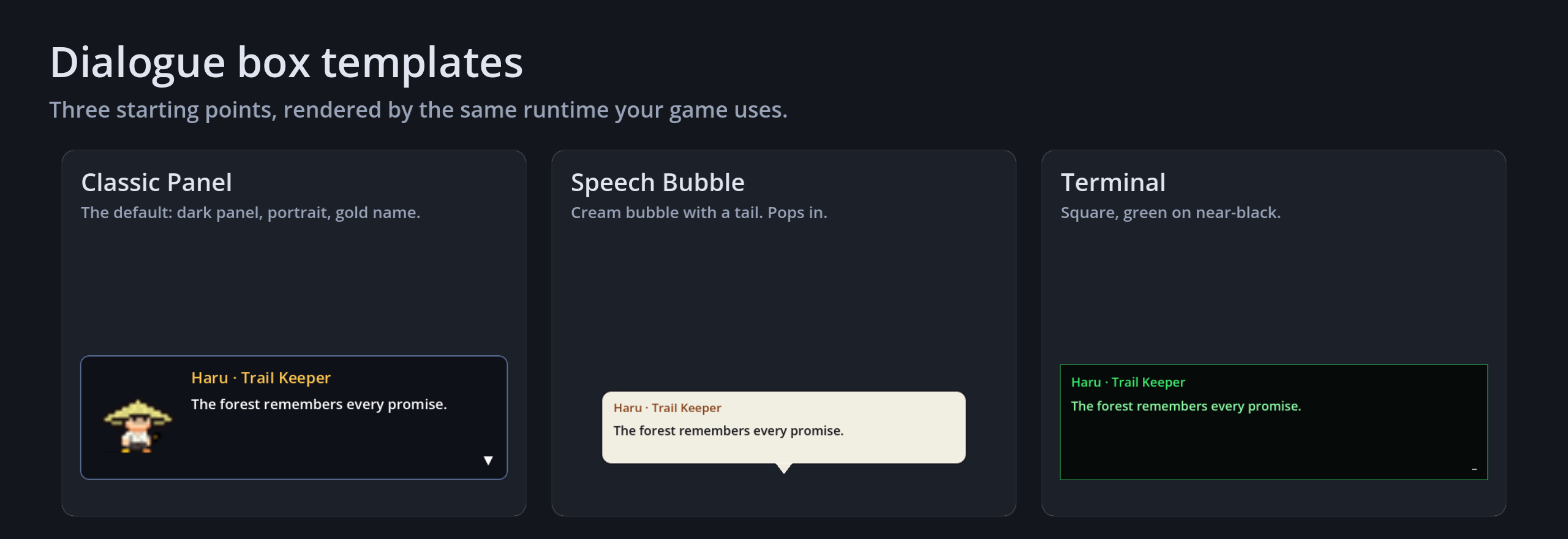 All three dialogue box templates rendered by TalkKit's runtime