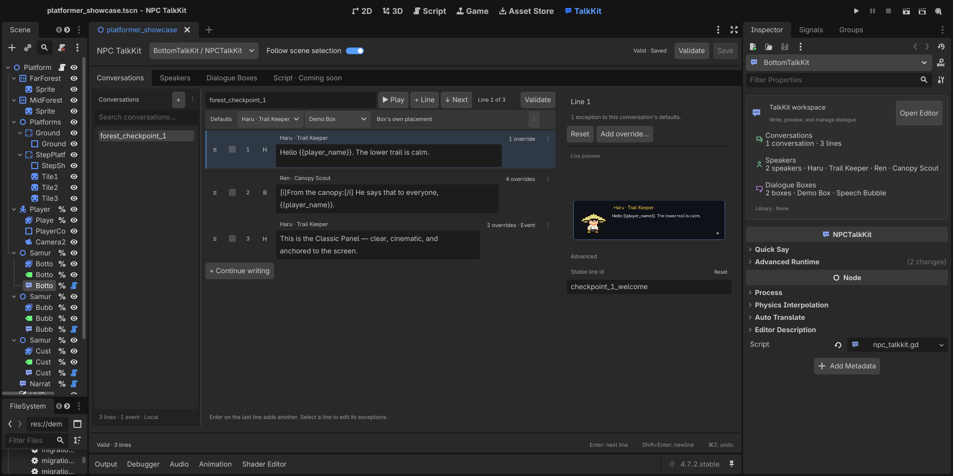 TalkKit workspace with one conversation, three text-first lines, live preview, and compact Inspector summary
